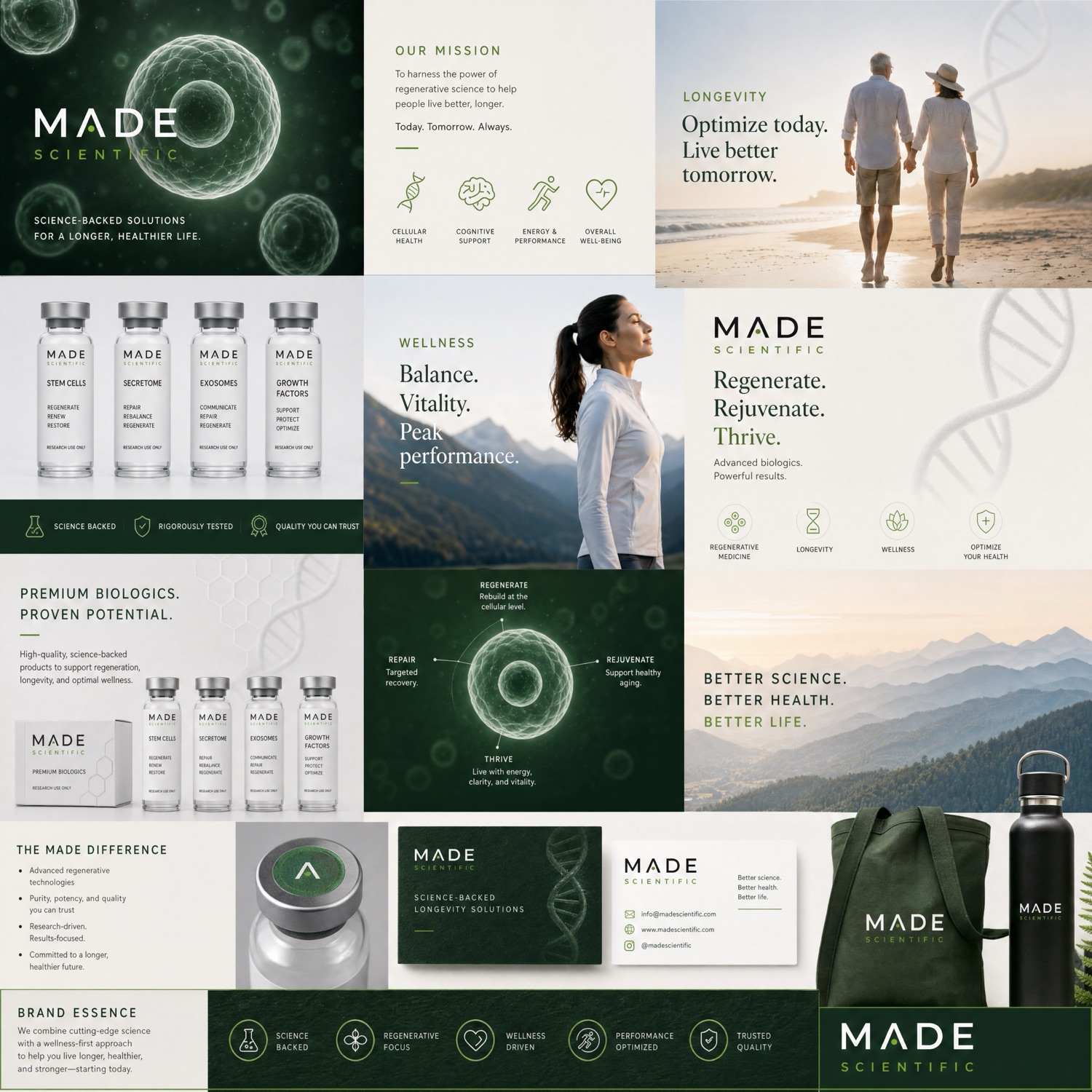 Made Scientific master brand board — logo, mission, product vials, lifestyle imagery, and brand essence
