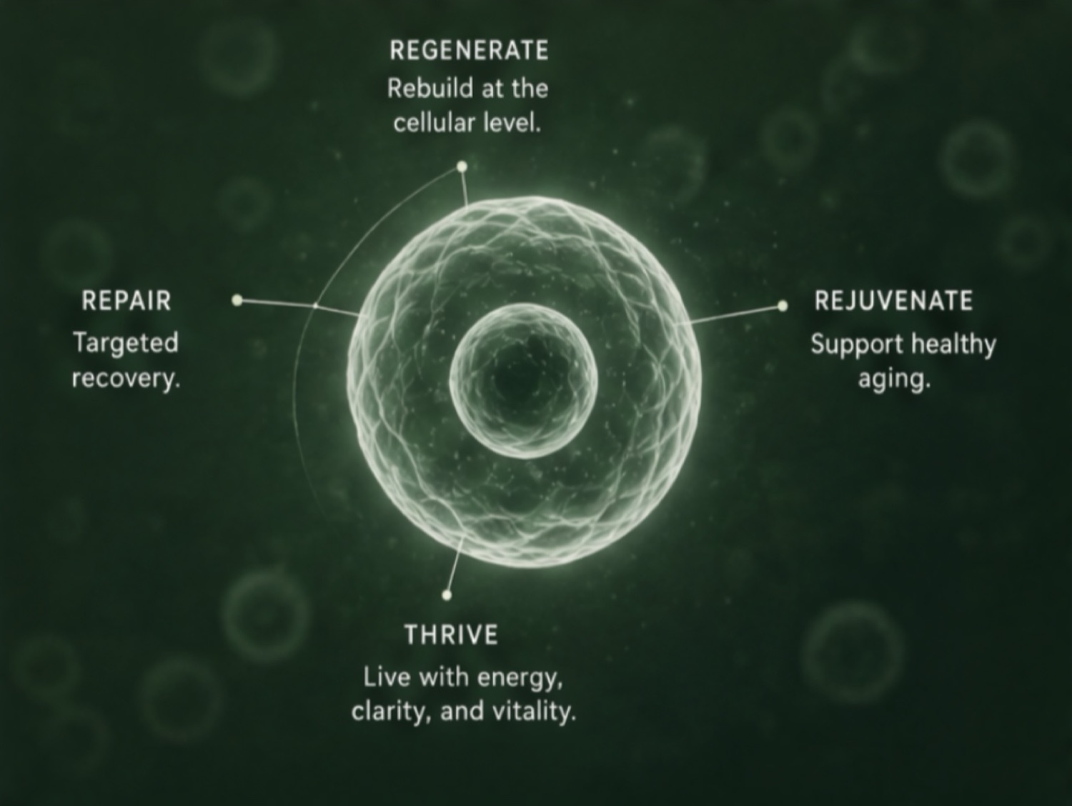 Cell diagram with Repair, Regenerate, Rejuvenate, and Thrive callouts