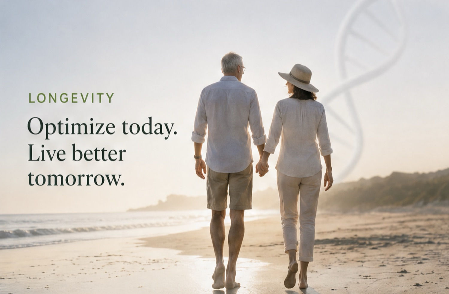 Longevity lifestyle image — mature couple walking on a beach
