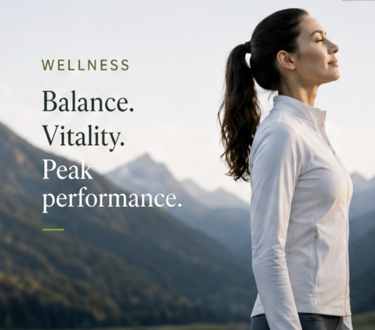 Wellness lifestyle image — woman breathing in mountain air