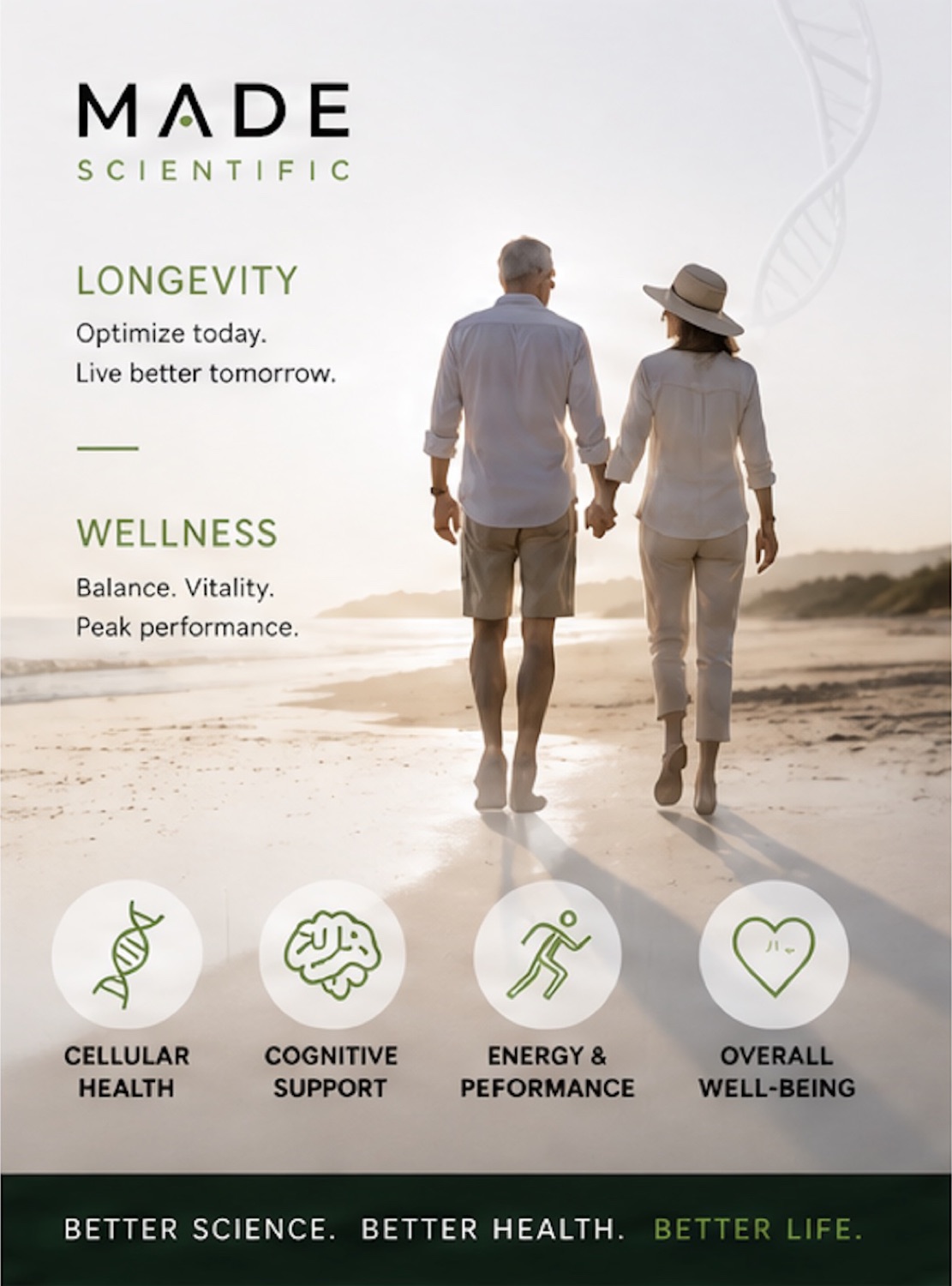 Longevity and Wellness lifestyle poster with pillar icons