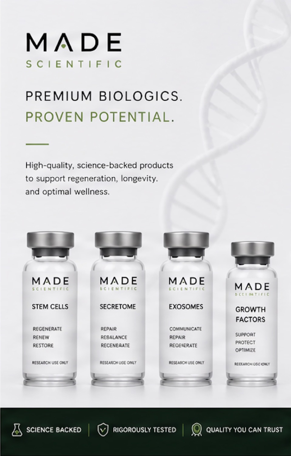 Premium Biologics. Proven Potential. product poster with four vials