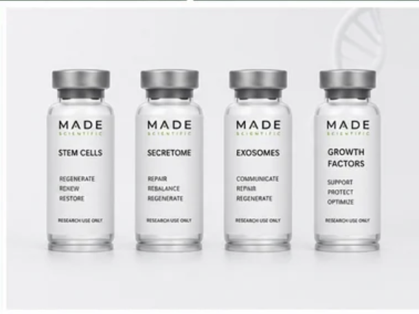 Made Scientific four-vial product lineup — Stem Cells, Secretome, Exosomes, Growth Factors